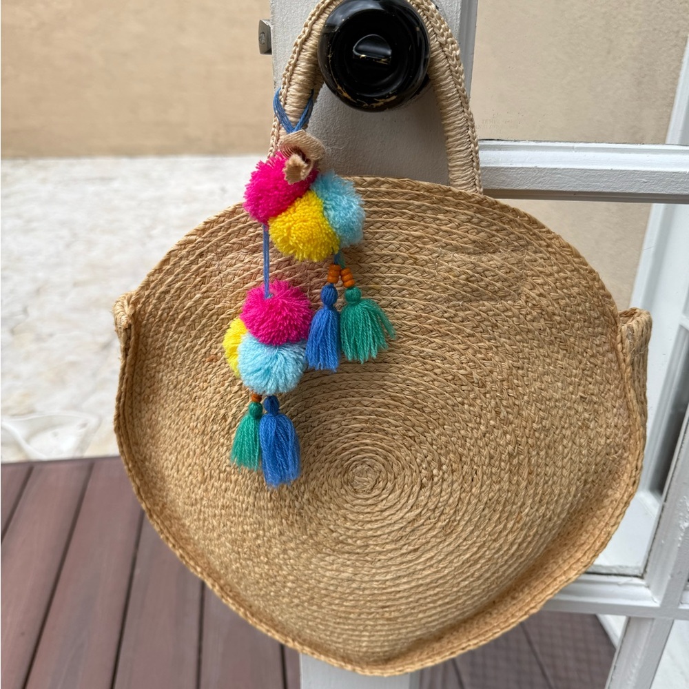 Round Straw Shoulder Bag with Colorful Pom Poms by & other stories